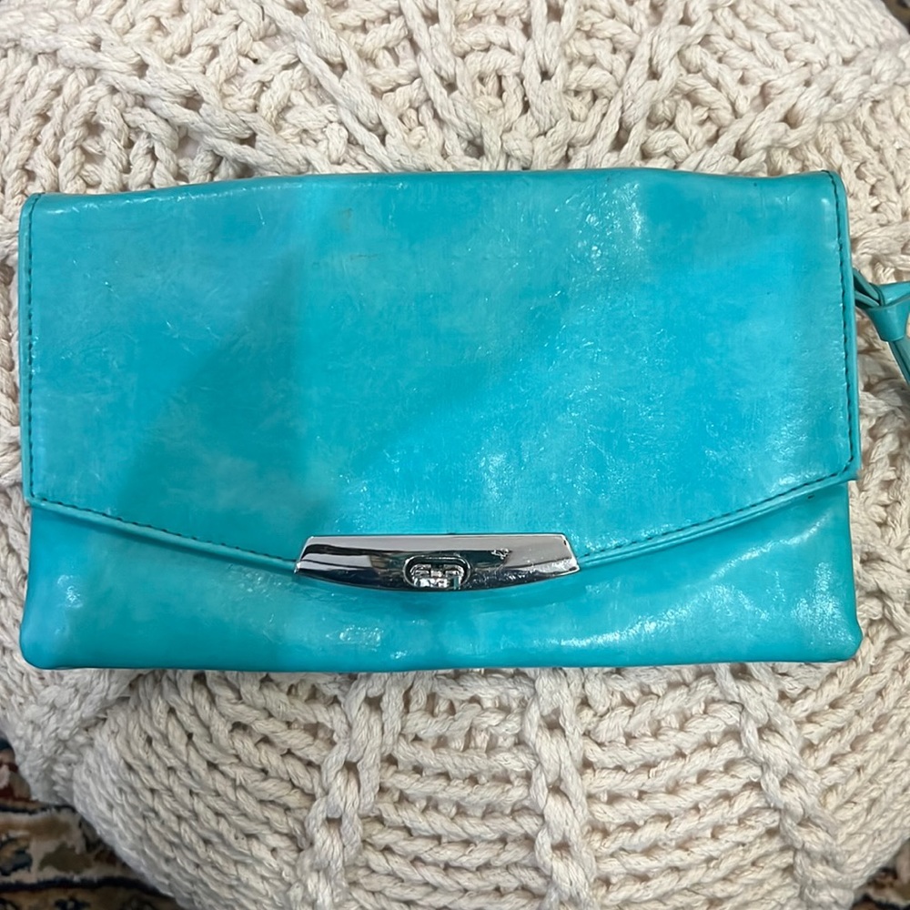 New York and Company Women’s Green Blue Teal Patent Leather Clutch Wallet